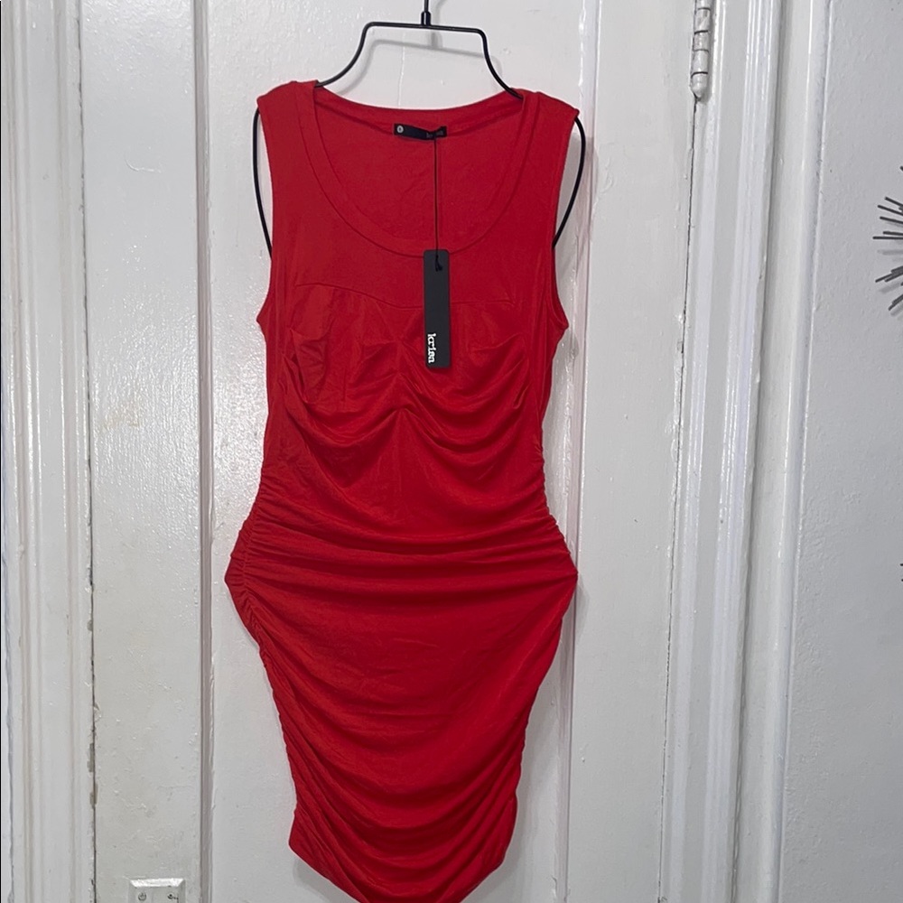 Revolve Krisa Red deep orange Ruched Bodycon Mini Dress Scoop Neck Sleeveless